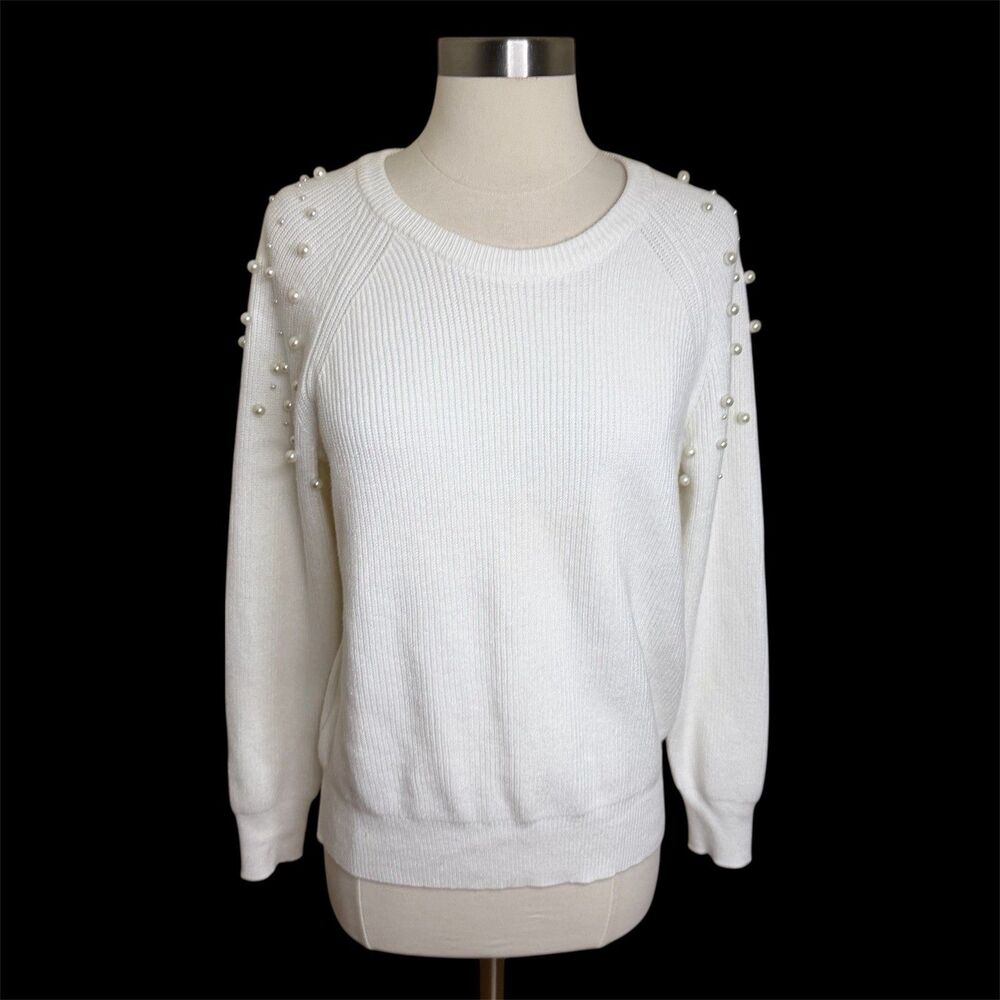 INC International Concepts White Ribbed Pearl Shoulder Sweater Embellished M